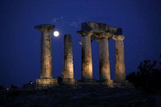 Full mooon at The Temple of Apollo Ancient Corinth Greece